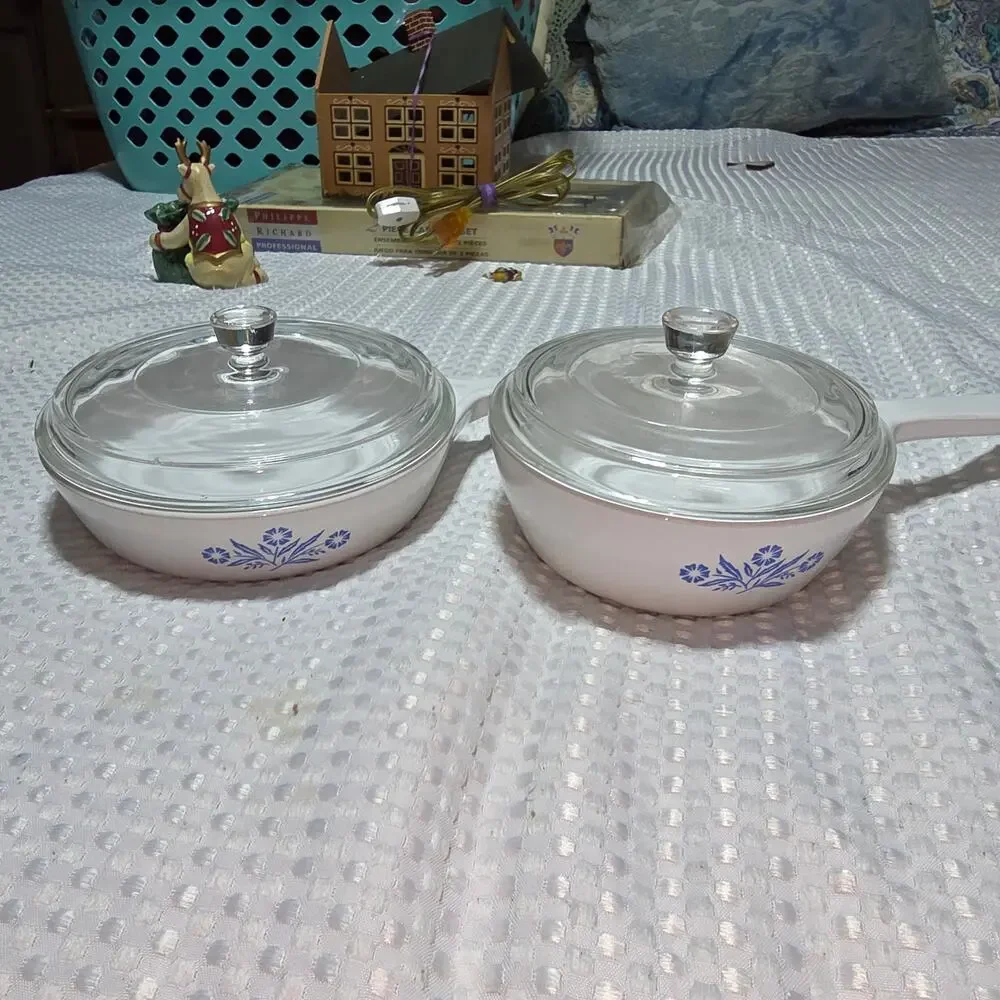 VINTAGE CORNING WARE BLUE CORNFLOWER SET 2 SAUCEPANS WITH LID 6.5